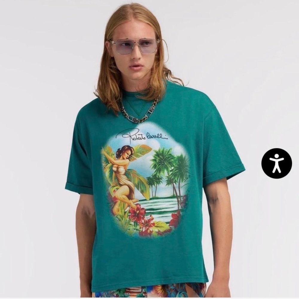 Roberto Cavalli Teal Tropical Graphic Tee - Picture 2 of 5
